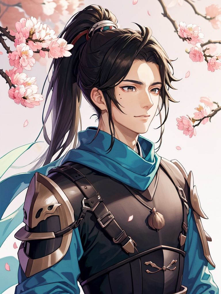 <lora:时空中的绘旅人画风:1>,skzdhlr,1boy,male focus,yamato-no-kami yasusada,japanese clothes,solo,haori,scarf,mole,branch,mole under eye,black hair,bridal gauntlets,cherry blossoms,flower,shinsengumi,armor,upper body,japanese armor,ponytail,, best quality,masterpiece,highres