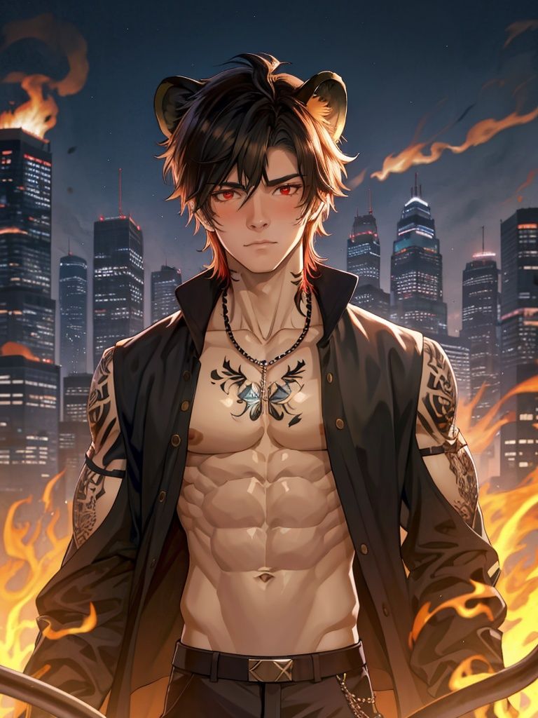 <lora:时空中的绘旅人画风:1>,skzdhlr,male focus, 1boy, skyscraper, city, animal ears, abs, building, lion boy, solo, male child, fire, shorts, red eyes, navel, jewelry, lion ears, short hair, black hair, destruction, looking at viewer, child, tail, chest tattoo, tattoo, pectorals, thick eyebrows, outdoors, muscular, necklace, cityscape, jacket, blush, lion tail, vest, nipples, bare pectorals, muscular male, best quality,masterpiece,highres
