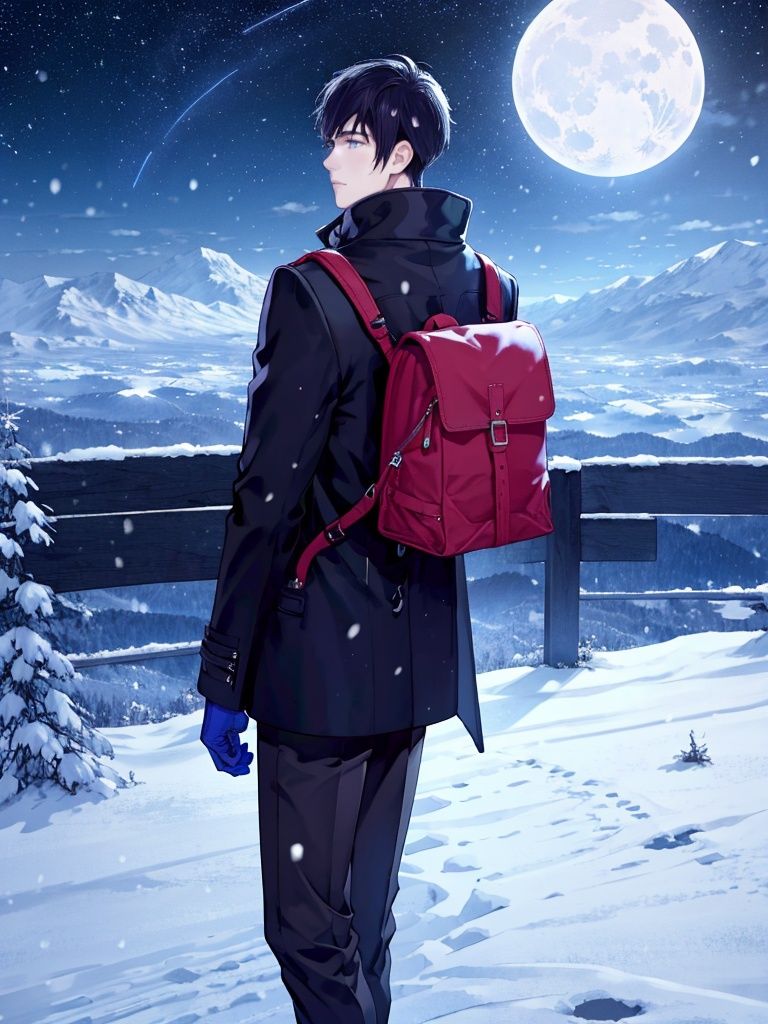 <lora:时空中的绘旅人画风:1>,skzdhlr,solo, sky, backpack, from behind, 1boy, star \(sky\), mountain, bag, scenery, outdoors, pants, snow, blue theme, standing, black hair, starry sky, male focus, night, reflection, moon, short hair, wide shot, night sky, black pants, snowing, facing away, long sleeves, shoes, coat, best quality,masterpiece,highres