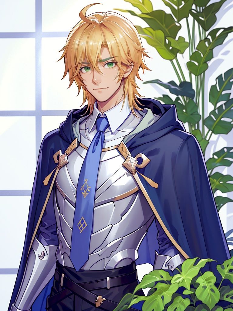 <lora:时空中的绘旅人画风:1>,skzdhlr,1boy, male focus, blonde hair, green eyes, bug, plant, necktie, butterfly, solo, potted plant, flower pot, cape, hood, ahoge, armor, arthur pendragon (fate), flower, white background, holding, blue necktie, cloak, character name, best quality,masterpiece,highres