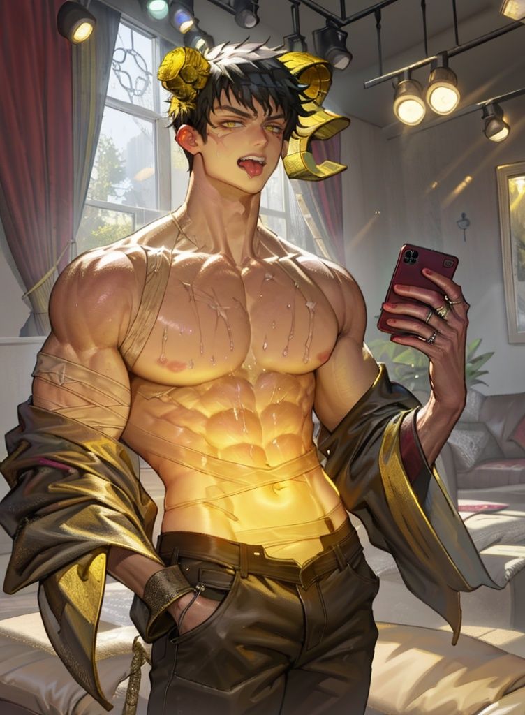 <lora:mammon-000002:1>,mammon, male focus, solo, 1boy, bara, muscular, muscular male, nipples, pectorals, black hair, looking at viewer, short hair, yellow eyes, large pectorals, indoors, abs, bandages, bare pectorals, horns, navel, tongue, tongue out, demon horns, sarashi, holding, holding phone, jewelry, phone, ring, scar, best quality,masterpiece,highres