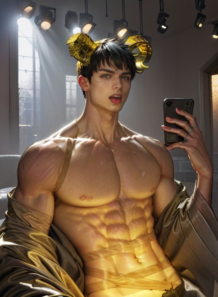 <lora:mammon-000002:1>,mammon, male focus, solo, 1boy, bara, muscular, muscular male, nipples, pectorals, black hair, looking at viewer, short hair, yellow eyes, large pectorals, indoors, abs, bandages, bare pectorals, horns, navel, tongue, tongue out, demon horns, sarashi, holding, holding phone, jewelry, phone, ring, scar, realistic,, best quality,masterpiece,highres