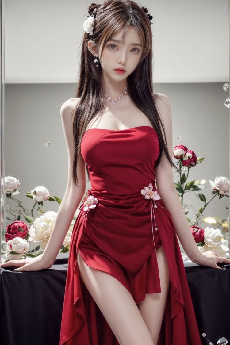 Masterpiece, top quality, 1 girl, hanfu, Summer clothes, exquisite details, sheer dress, Sexy, high quality, 8k,(Red) Dress,red dress, Long Black Hair,  Beautiful Custom Figure,(1 Girl), (Delicate and Gorgeous Crystal:1.4) , 
(Peonies blossom background:1.4),houtufeng,yuyao,tifa,qingsha