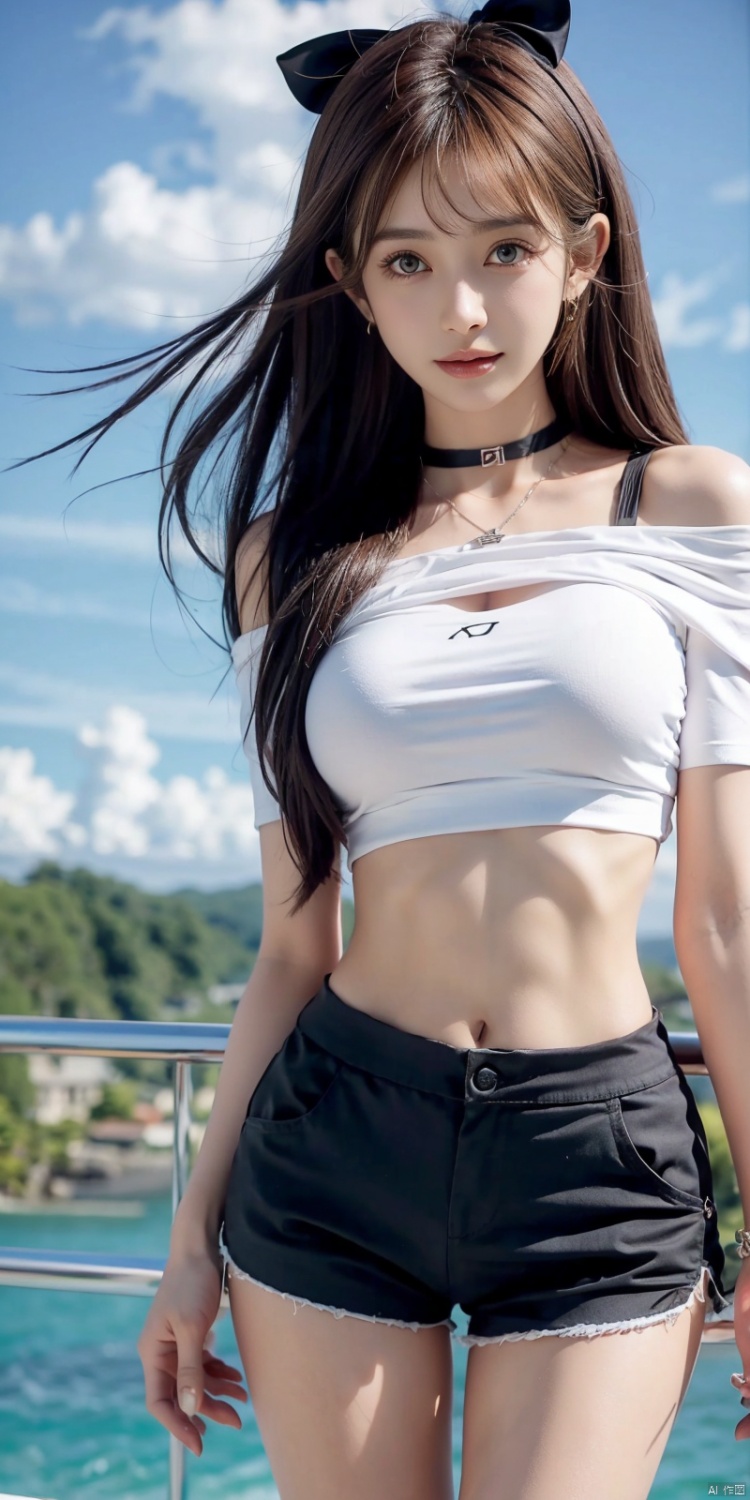  cowboy shot, Blue sky, white clouds, ocean,nai3, 1girl, shorts, solo, crop top, black shorts, choker, navel, shirt, midriff, crop top overhang, looking at viewer, white shirt, jewelry, breasts, bare shoulders, short shorts, off-shoulder shirt, off shoulder, black choker, thighs, stomach, hand on own thigh, long hair, bracelet, short sleeves, ribbon, hand up, collarbone, hair ribbon, medium breasts, standing, high-waist shorts, dolphin shorts, bra strap, , hair ornament, thigh gap, necklace, expressionless, , ,kind smile, ,  wangyushan