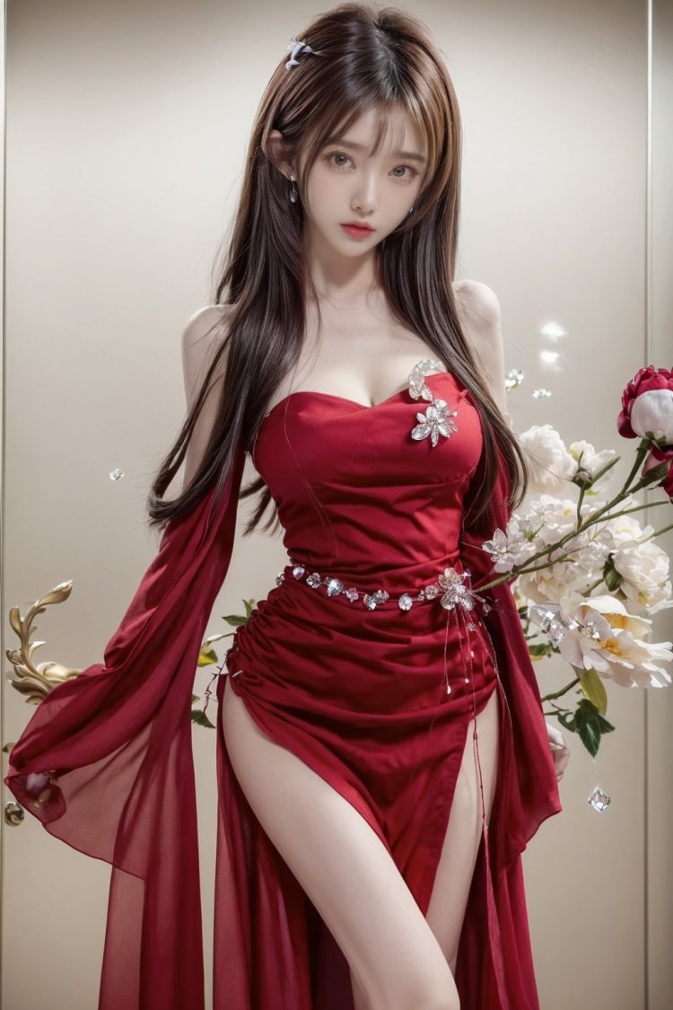 Masterpiece, top quality, 1 girl, hanfu, Summer clothes, exquisite details, sheer dress, Sexy, high quality, 8k,(Red) Dress,red dress, Long Black Hair,  Beautiful Custom Figure,(1 Girl), (Delicate and Gorgeous Crystal:1.4) , 
(Peonies blossom background:1.4),houtufeng,yuyao,tifa,qingsha