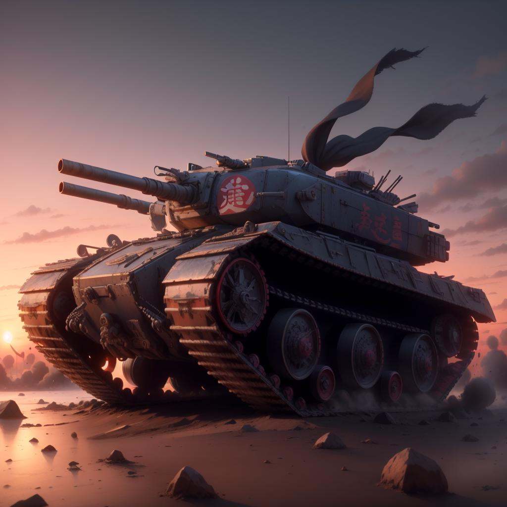 <lora:ShinobiTech-20:0.9>, shinobitech , scifi, shinobi,   bulky metal , **** , turret, battlefield , red sky