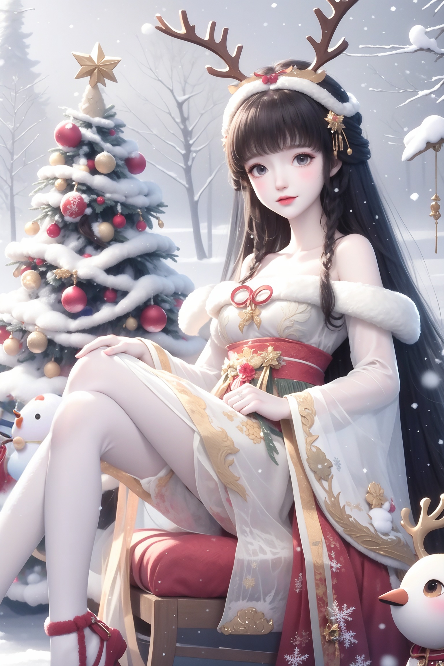 1girl, smile, snowflakes, A snowman girl with white skin, A snowman girl, A dress made of snow, A girl made of snow, Snowman Girl, Hair made of snow, , HUBG_Rococo_Style(loanword), hanfu, Best quality, 8k, cg, antlers, christmas, fur-trimmed_headwear, reindeer_antlers, reindeer_costume, hanfu, bare shoulders, hanfu, holding legs, hanfu, White pantyhose, hanfu,