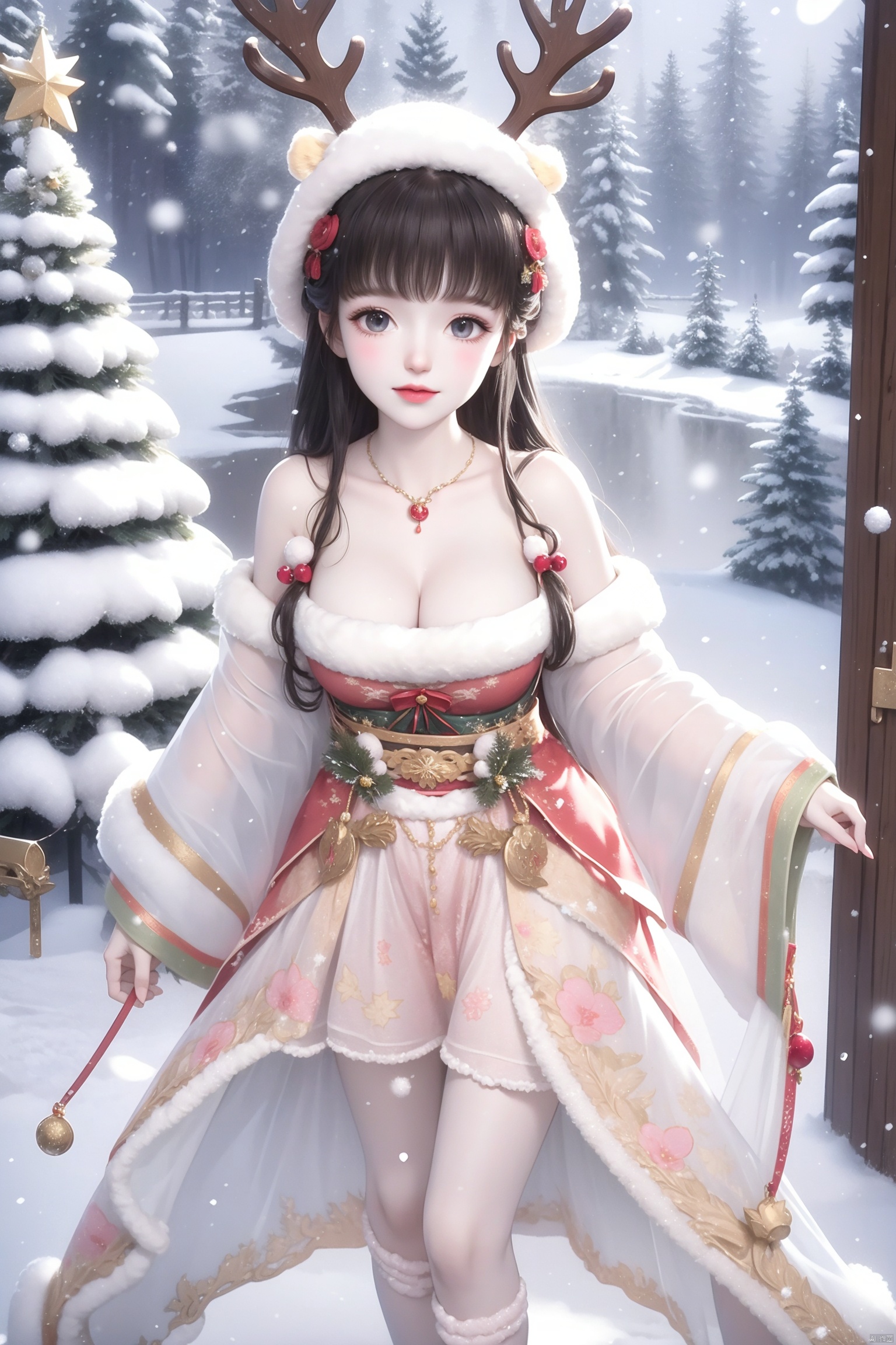 1girl,smile,snowflakes,A snowman girl with white skin,A snowman girl,A dress made of snow,A girl made of snow,Snowman Girl,Hair made of snow,, HUBG_Rococo_Style(loanword), hanfu,Best quality, 8k, cg,antlers,christmas,fur-trimmed_headwear,reindeer_antlers, reindeer_costume, hanfu,bare shoulders, hanfu,holding legs, hanfu