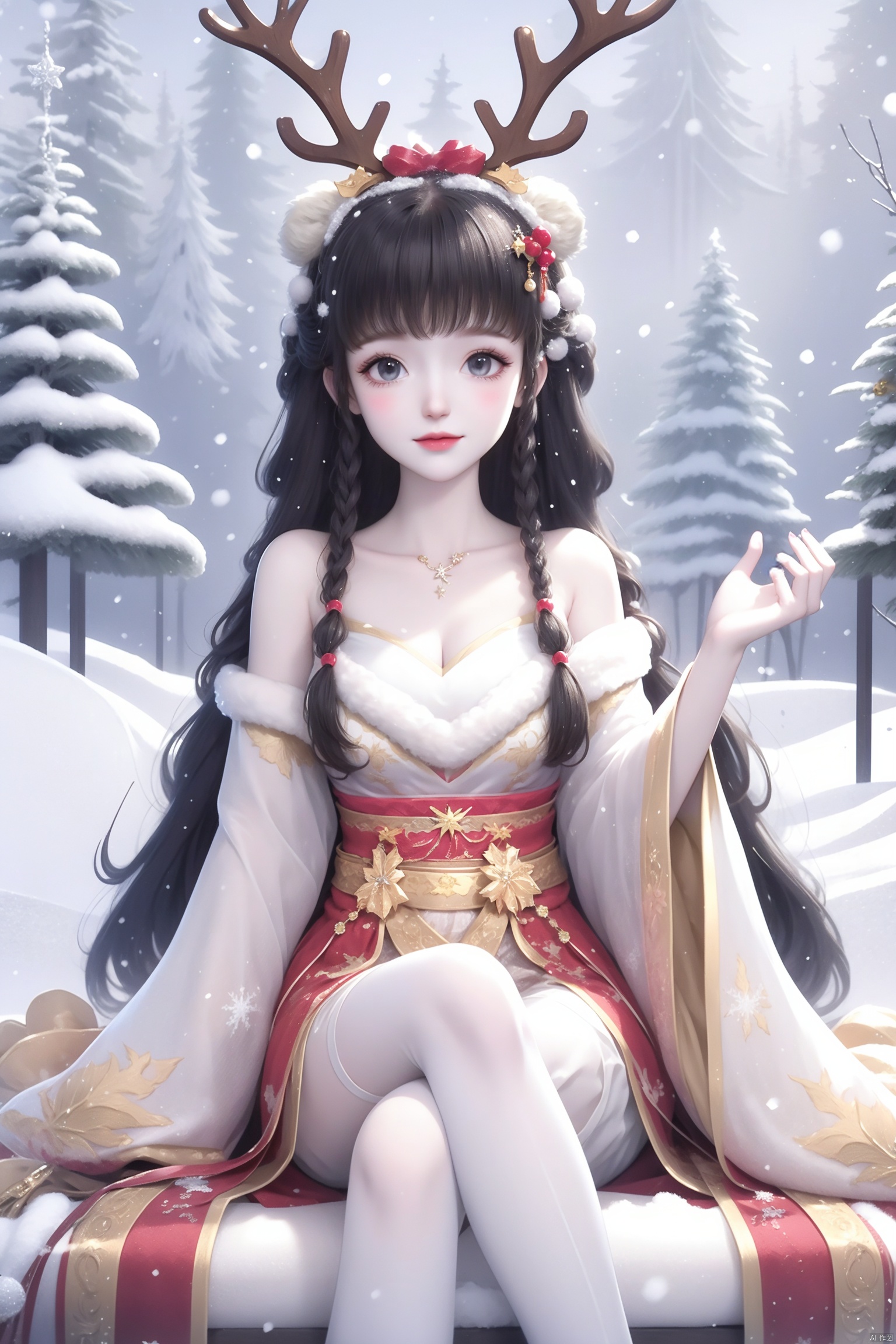  1girl,smile,snowflakes,A snowman girl with white skin,A snowman girl,A dress made of snow,A girl made of snow,Snowman Girl,Hair made of snow,, HUBG_Rococo_Style(loanword), hanfu,Best quality, 8k, cg,antlers,christmas,fur-trimmed_headwear,reindeer_antlers, reindeer_costume, hanfu,bare shoulders, hanfu,holding legs, hanfu,White pantyhose