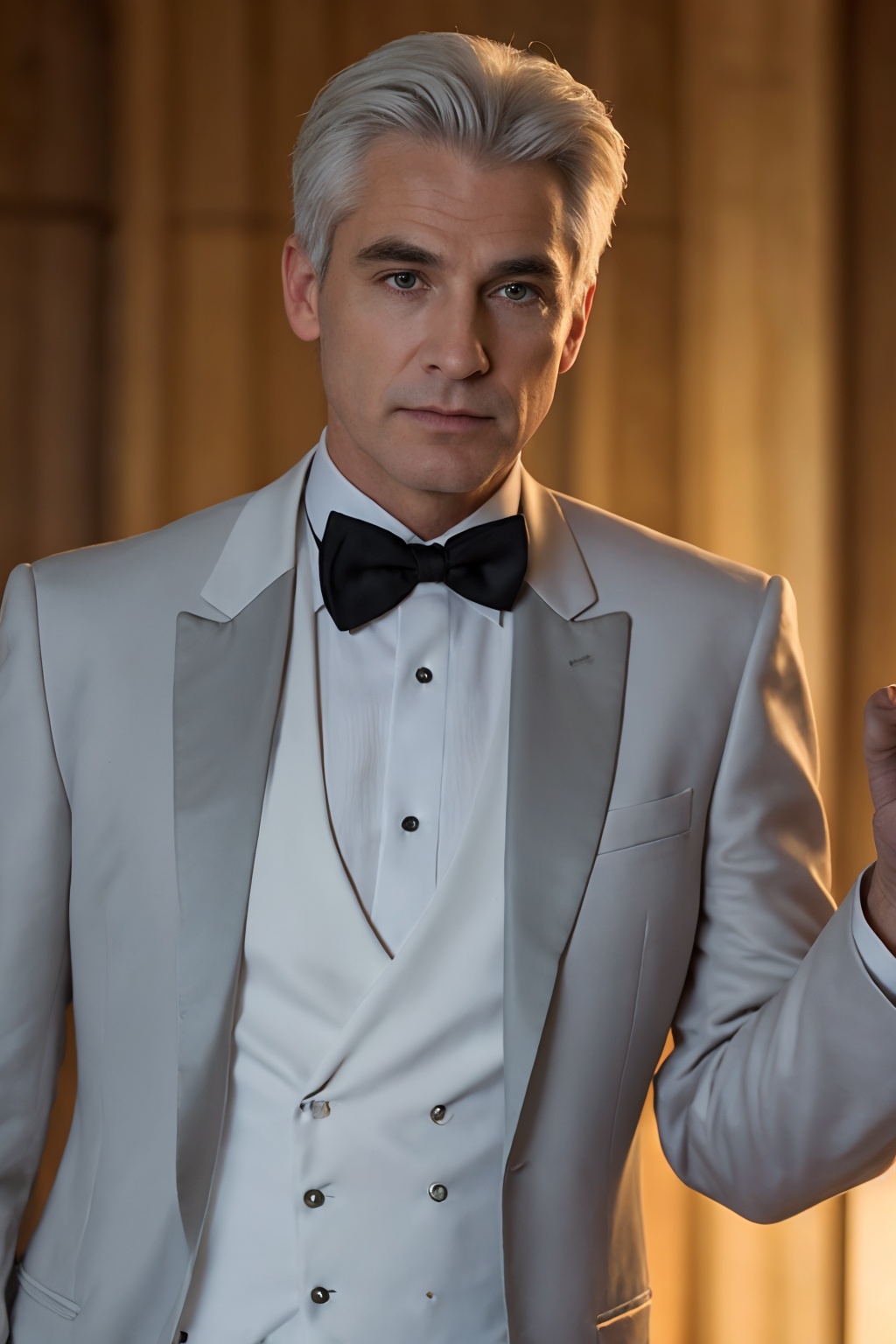A suave figure,  50 years young with wispy white hair framing his distinguished features,  stands tall on Tensor.Art