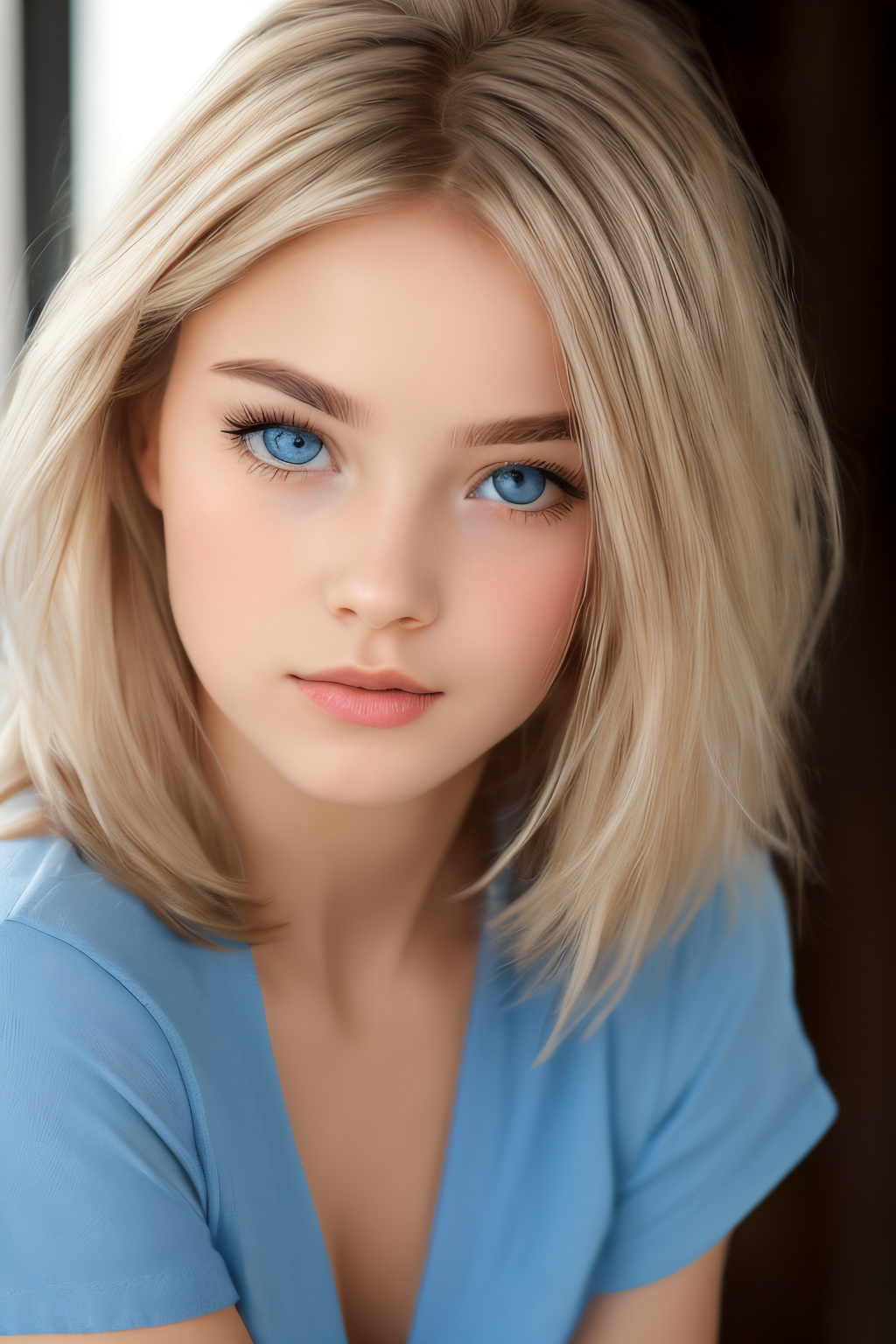 (best quality, 8K, highres, masterpiece),  ultra-detailed,  (photo-realistic,  lifelike) portrait of an unparalleled beauty with radiant,  firm,  and shimmering skin. Her platinum blonde hair flows straight and silky,  accentuating her bangs that elegantly frame her bright blue eyes. The high-definition rendering highlights her big,  beautiful,  and innocent eyes,  enhanced by eyeliner. This portrayal captures the essence of a sexy,  yet lovely,  14-year-old girl with a baby face,  dressed in a short-sleeve shirt,  creating a captivating image of youthful charm.