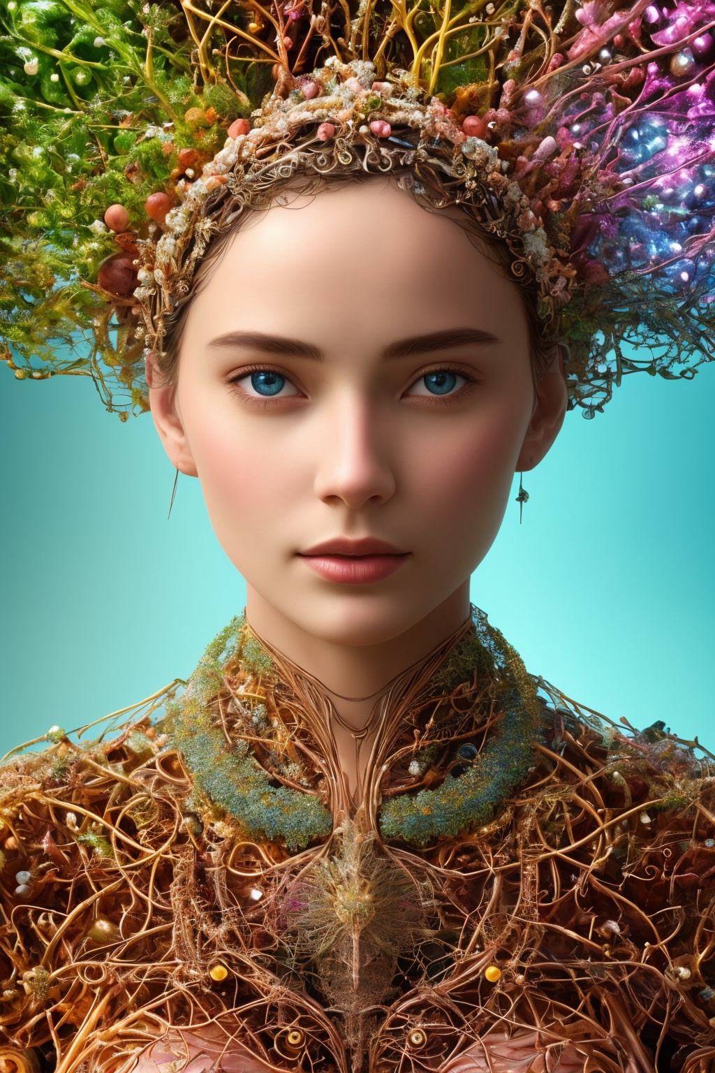 (best quality, 8K, highres, masterpiece),  ultra-detailed,  (photo-realistic,  lifelike) cinematic close-up photograph of a captivating neural network organism. This ethereal creation seamlessly merges the features of a divine woman with an intricate anatomical face,  showcasing mesmerizing biomechanical details. The high-resolution image captures the essence of a surreal fusion between biology and technology,  creating a true masterpiece that invites viewers into a world of wonder and intrigue.