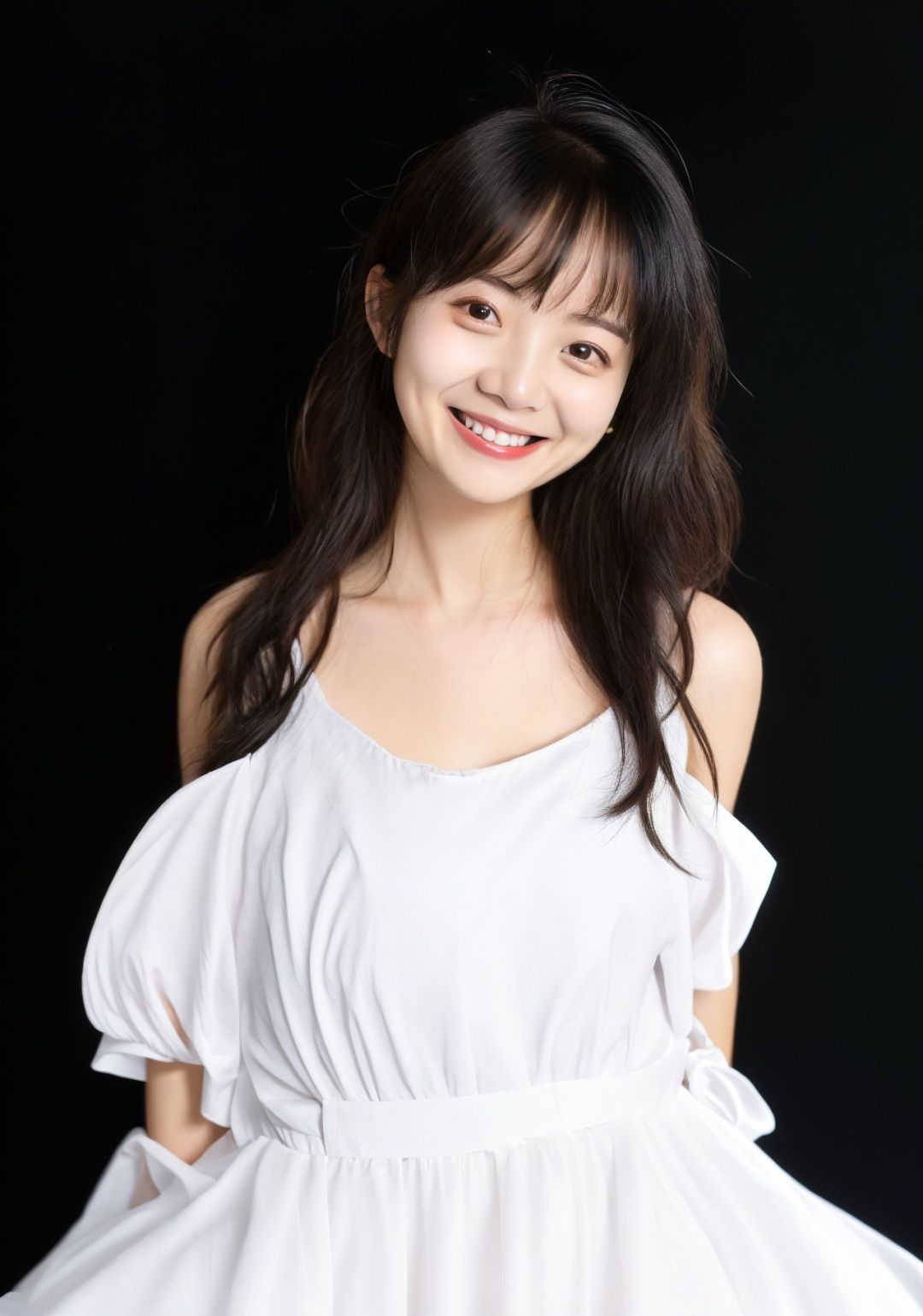 1girl,incredibly absurdres,huge filesize,solo,kind_smile,white dress,(black_background:1.3),dress,bust,