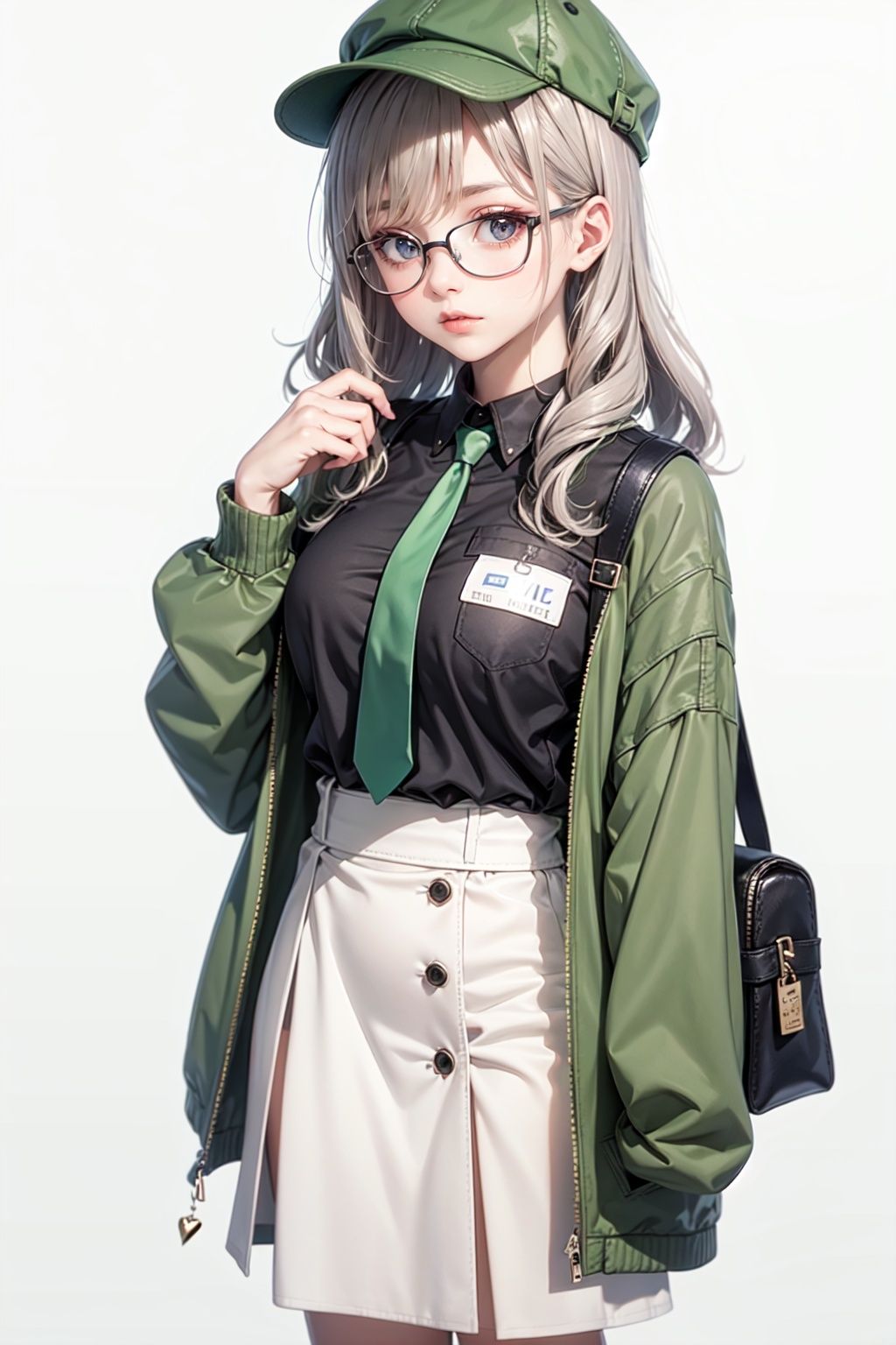  1girl, solo, green headwear, shirt, glasses, hat, white shirt, long hair, skirt, open clothes, belt, bag, long sleeves, simple background, long skirt, jacket, necktie, collared shirt, black necktie, round eyewear, closed mouth, looking at viewer, hand up, brown eyes, white background, grey hair, black-framed eyewear, holding, pocket, open jacket, green jacket, standing, buckle, shoulder bag, belt buckle, wing collar, black belt, shirt tucked in, bangs, breast pocket, green skirt, wavy hair, feet out of frame, blush, high-waist skirt, buttons, name tag, character name