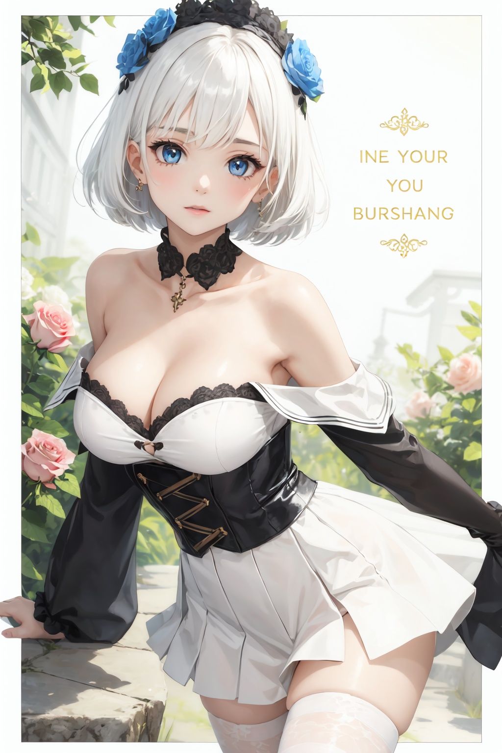 absurdres, absolutely resolution, incredibly absurdres, highres, ultra detailed, official art, unity 8k wallpaper, Kinetic Typography BREAK (1girl, solo:1.4), beautiful and shiny skin, coquettish skin, dynamic poses, dynamic angle, close-up, cowboy shot BREAK (standding, short white hair, beautiful blue eyes:1.2) BREAK (strapless dress, beautiful plunging neckline , belts, leg loops, flower headdress, thighhighs:1.2) BREAK (off shoulder, bare shoulders, bare arms:1.2) BREAK (flower, rose, garden, petal:1.2) BREAK (white theme, english text, border:1.6) BREAK nice hands, perfect hands,
