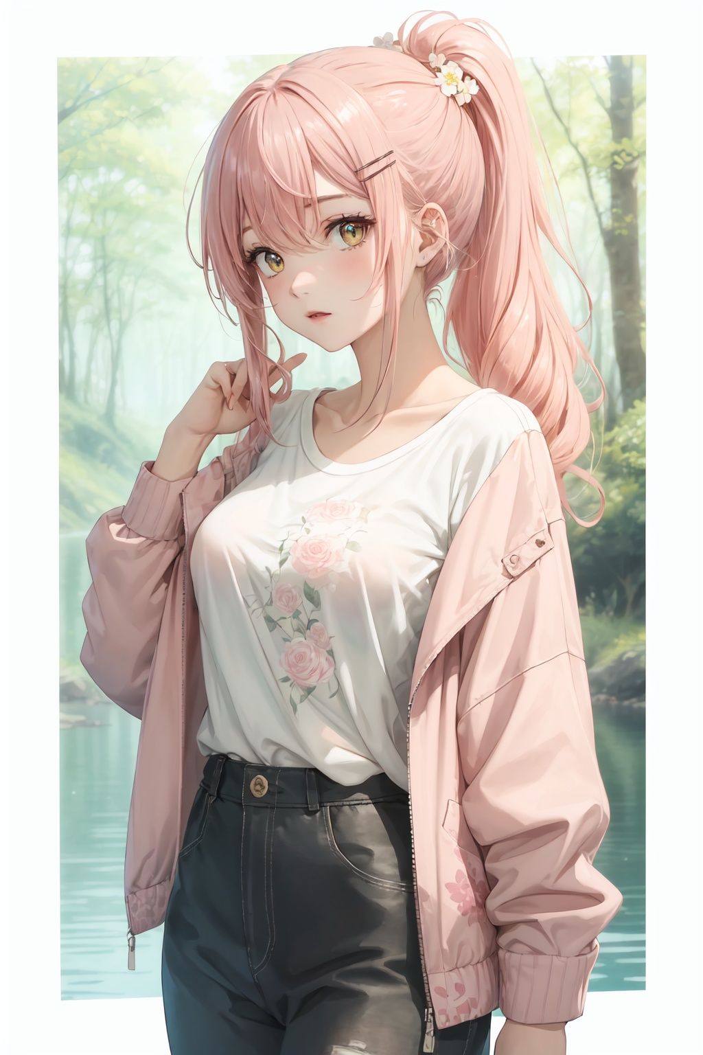 [(white background:1.4)::10], [(Lake and forest background:1.2):5]+++(databook:1.4), (concept art:1.2),(double v:1.2),+++++masterpiece,loli,(petite:1.2),high ponytail,medium breast,(panorama:1.2),caustics,best quality,beautiful detailed eyes,(pink hair),wavy hair,disheveled hair, messy hair, long bangs, hairs between eyes, extremely detailed, floating hair,solo, best quality, masterpiece, highres, original, extremely detailed wallpaper,{an extremely delicate and beautiful}++++loose clothes,(white t-shirt:1.4),(pink open jacket:1.2),++hairclip+/*/*/*++(floral print:1.2)+/*/*/*+++yellow eyes, {beautiful eyes},solo,
