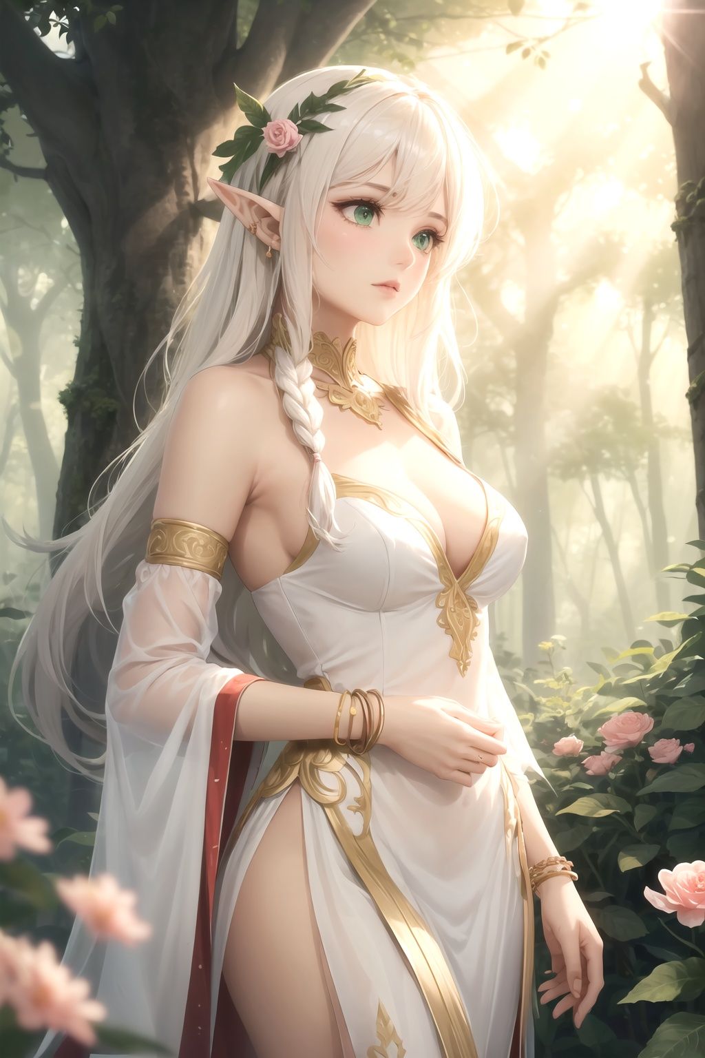(masterpiece, best quality, high quality, highres, ultra-detailed), realistic,1 sweet girl, the greater lord rukkhadevata, (side braid:1.1), long hair,((white hair)), leaf hair ornament, (pointy ears), elf, green eyes, pale skin, bare shoulders, (medium breasts), (cleavage:1.1), jewelry, white long dress, (detached sleeves:1.1), bracelet, (looking away:1.2), (hair floating:1.3), from side,,(in forest:1.3), (pink flowers:1.1), (falling petals:1.1), (lens flare from right:1.2), (god rays from right:1.2),