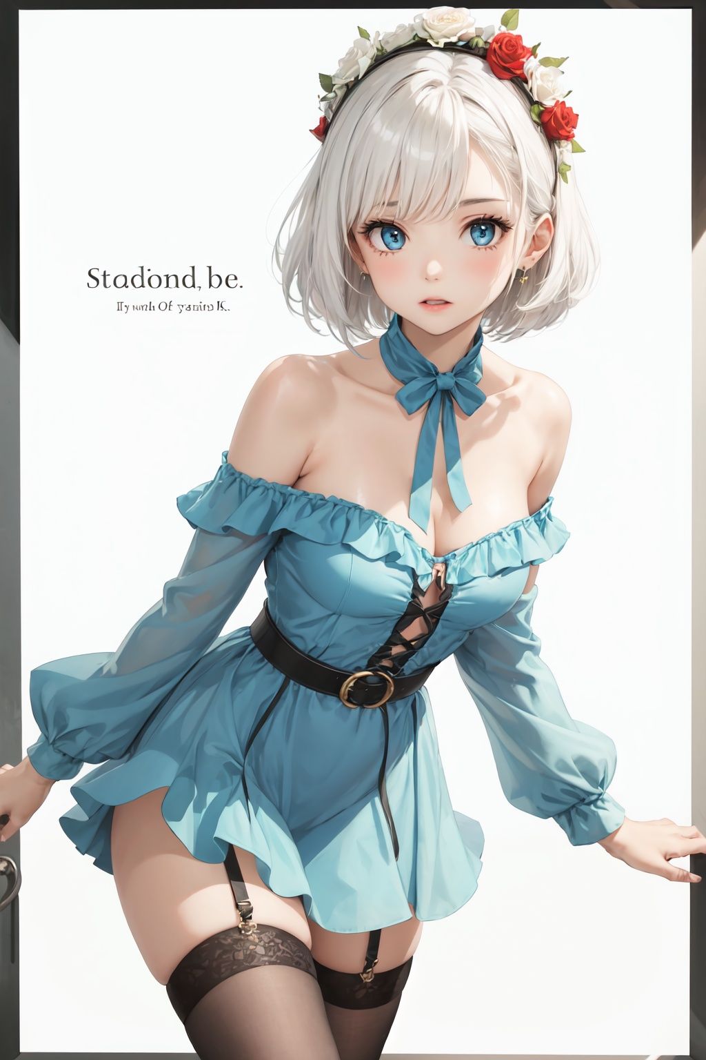 absurdres, absolutely resolution, incredibly absurdres, highres, ultra detailed, official art, unity 8k wallpaper, Kinetic Typography BREAK (1girl, solo:1.4), beautiful and shiny skin, coquettish skin, dynamic poses, dynamic angle, close-up, cowboy shot BREAK (standding, short white hair, beautiful blue eyes:1.2) BREAK (strapless dress, beautiful plunging neckline , belts, leg loops, flower headdress, thighhighs:1.2) BREAK (off shoulder, bare shoulders, bare arms:1.2) BREAK (flower, rose, garden, petal:1.2) BREAK (white theme, english text, border:1.6) BREAK nice hands, perfect hands,
