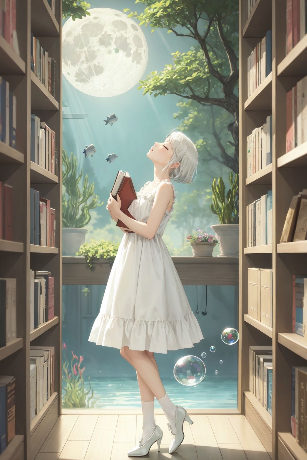 dress, 1girl, book, white dress, bubble, holding, bookshelf, looking up, white hair, moon, sleeveless dress, sleeveless, solo, standing, high heels, socks, air bubble, indoors, book stack, short hair, bangs, wand, underwater, frilled dress, shelf, frills, shoes, white footwear, from side, plant, white socks, full moon, bare shoulders, bare arms, fish, closed eyes, full body, flower, holding book,white background,full body,,white,
