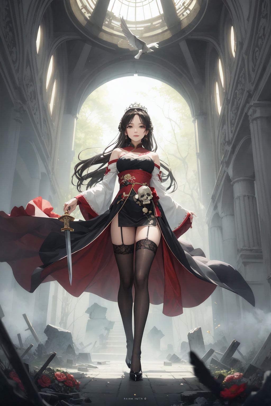 Queen, holding a long sword, a perfect long sword, many straight sword, Full body display, leaning against the ruins, with a floating skeleton in the background. The Queen's expression is enchanting, her posture is seductive, her hand is holding her face, and there is a flicker of evil energy runes in the background, blood mist filled, and soft light. My feet are covered in bones. Skeletons, many skeletons. Black stockings. Official art, unit 8 k wallpaper, ultra detailed, beautiful and aesthetic, masterpiece, best quality, extremely detailed, dynamic angle, paper skin, radius, iuminosity, cowboyshot, the most beautiful form of Chaos, elegant, a brutalist designed, visual colors, romanticism, by James Jean, roby dwi antono, cross tran, francis bacon, Michael mraz, Adrian ghenie, Petra cortright, Gerhard richter, Takato yamamoto, ashley wood, atmospheric, ecstasy of musical notes, streaming musical notes visible, flowers in full bloom, many bird of parade, deep forests, sunlight, atmosphere, rich details, full body lens, shot from above, shot from below, detail background, beautiful sky, floating hair, perfect face, exquisite facial features, high detail, smile, Fisheye lens, dynamic angle, dynamic posture,guanyin,jianjue,dingxianghua,1girl,hanfu,pearlygates
