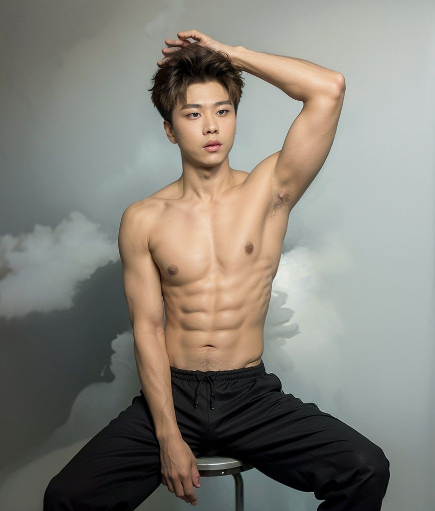 A handsome asian boy,man,Look into the camera,dramatic lighting, cyborg,biomechanical, mechanical parts(18years.old.)Naked, huge muscles,(white underwear G-string), with colorful tattoos, sitting,dynamic angle,Spread legs,looking up,full body photo, sunny,(((Fog surround the body))), blurred light, soft light, extreme hd picture, green plants, 4k, man, man, boy, man, man, man,cyborg,yushui,zydink,heisizairenjian,shandian,fbot ,dunhuang