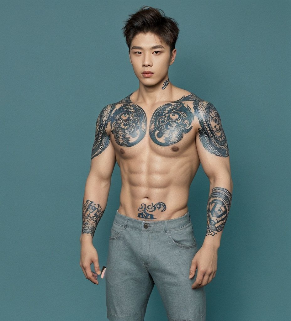 Big Muscle Short Hair Masculine Background Sea Tight Tattoo,full body