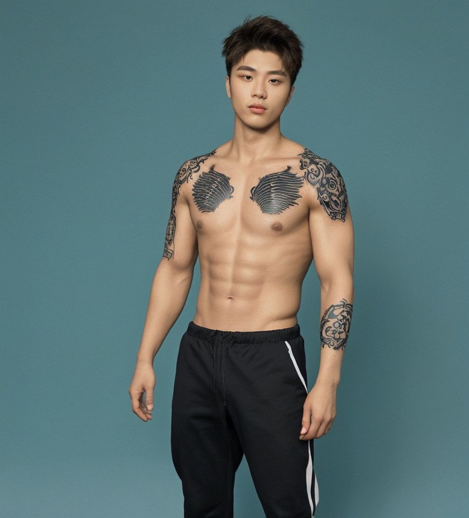 Big Muscle Short Hair Masculine Background Sea Tight Tattoo,full body