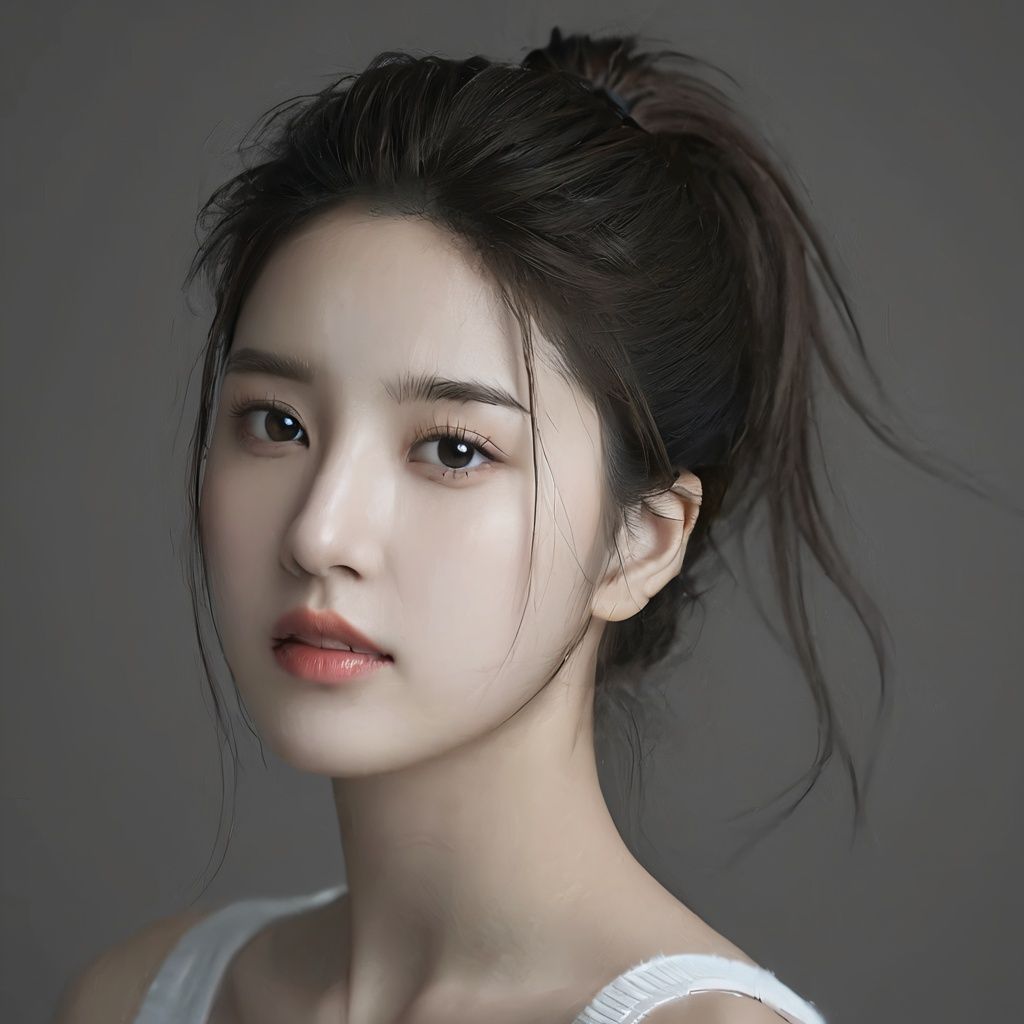 puregirl, puregirl3, 1girl, solo, realistic, black hair, portrait, grey background, bare shoulders, brown hair, close-up,looking away, ponytail, messy hair, short hair,  <lora:puregirl1-000007:0.8>