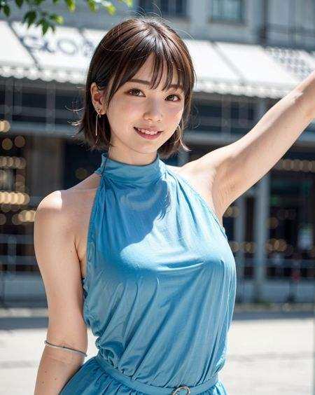 a woman posing on the street corner with light blue dress on, best quality, 1girl, large breasts, day, bright, blur background, bokeh, outdoor, (street:0.8), (people, crowds:1), (lace-trimmed dress:1.5, sleeveless dress, light blue clothes, light blue high-neck dress:1.2, blue dress: 1.5), gorgeous, (short hair, forehead:1.2), beautiful detailed sky, earrings, (dynamic pose:1.2), (upper body:0.8), soft lighting, wind, shiny skin, smile, <lora:JAV_Mio_v1.5:0.58>