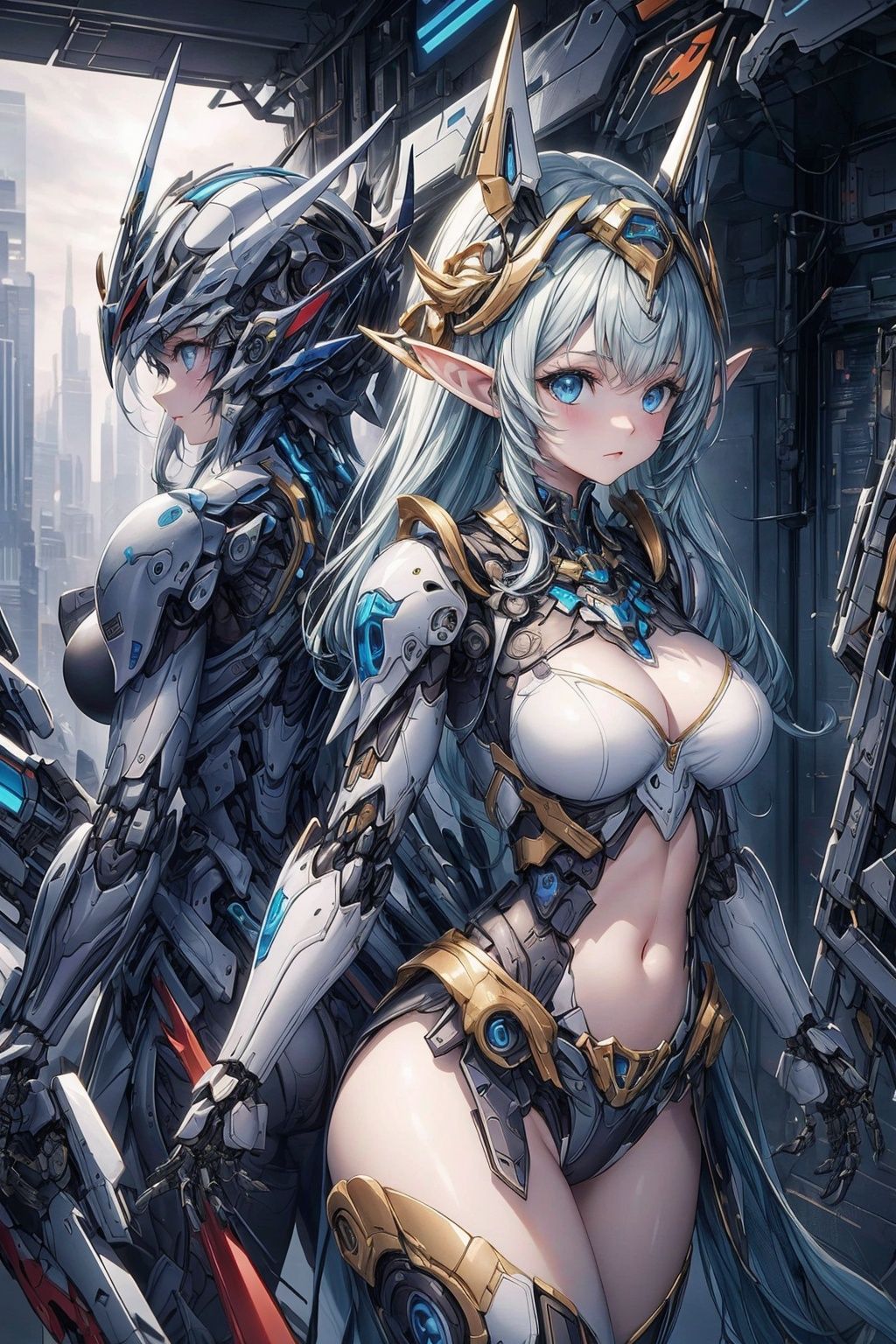 Best quality,8k,cg,2girl,mecha,elf,headwear