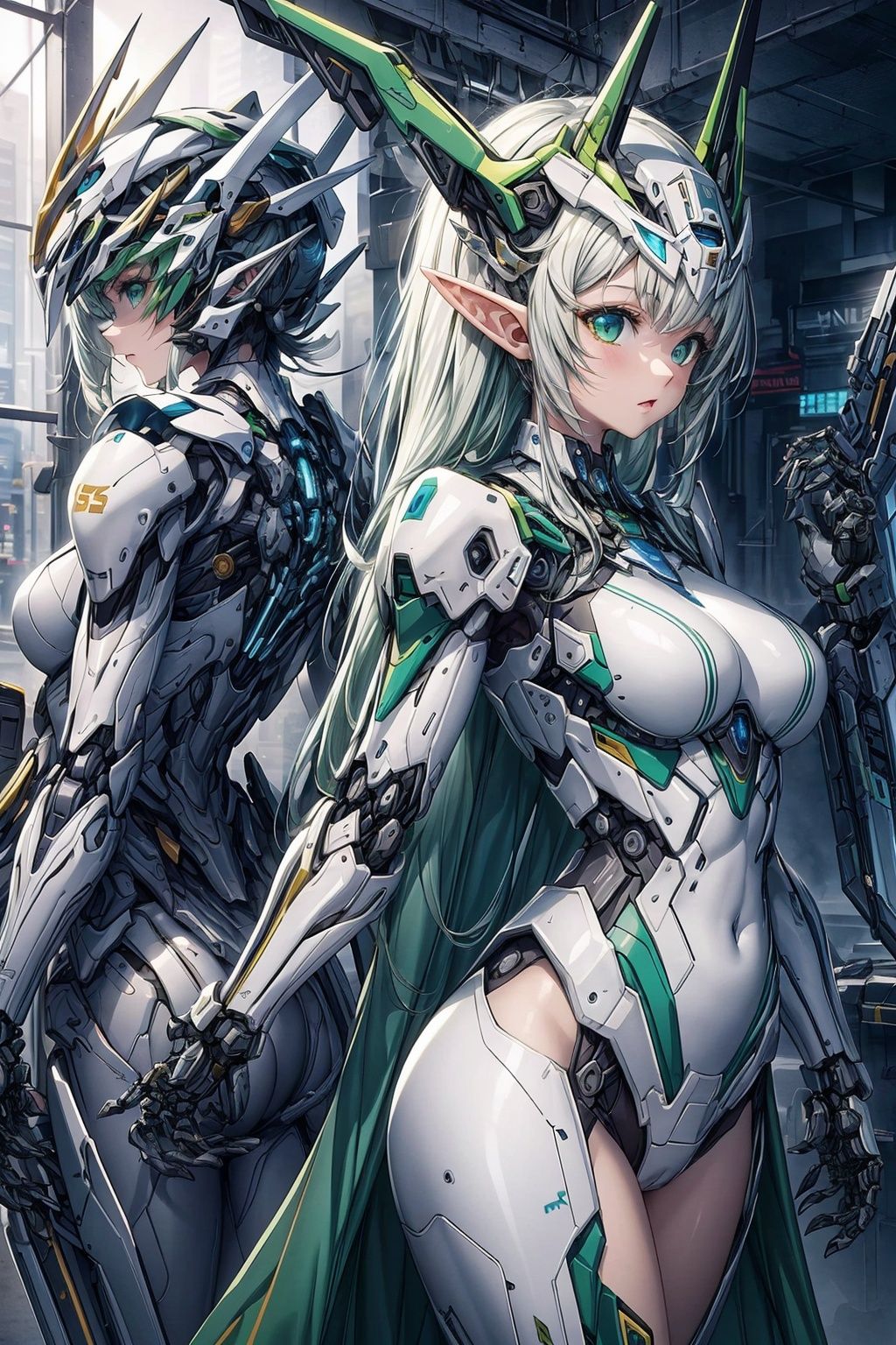 Best quality,8k,cg,2_girls,mecha,elf,headwear,green