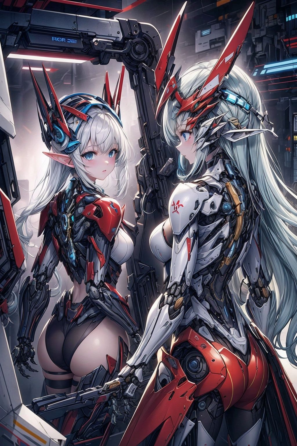 Best quality,8k,cg,2_girls,mecha,elf,headwear,red