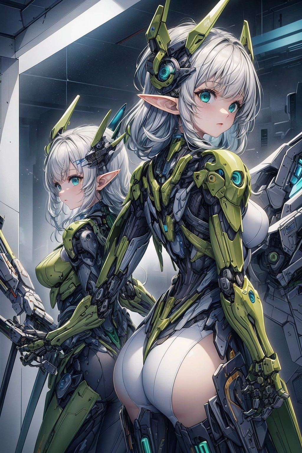 Best quality,8k,cg,2_girls,mecha,elf,headwear,green