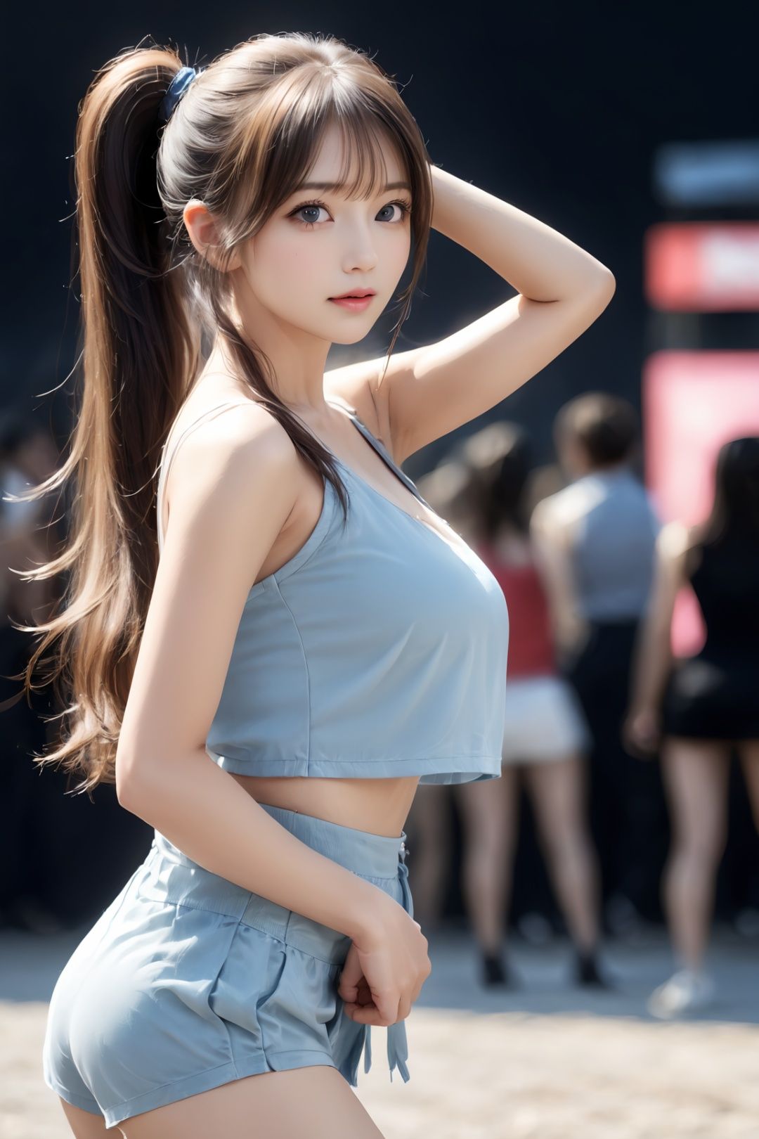 1girl,solo,Best quality,masterpiece,realistic,real,beautiful perfect face,long_hair,huge bust,huge filesize,weak light,look at the audience,full_body,<lora:aki:1>,camisole,ponytail,
