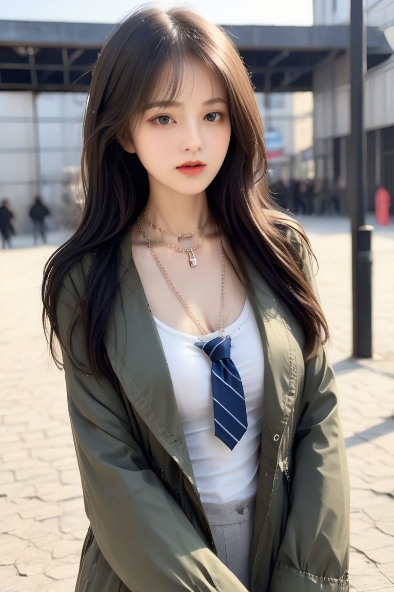 1girl,solo,Best quality,masterpiece,realistic,real,beautiful perfect face,long_hair,huge bust,huge filesize,weak light,look at the audience,full_body,<lora:aki:1>,chain_necklace,loose_necktie,parka,