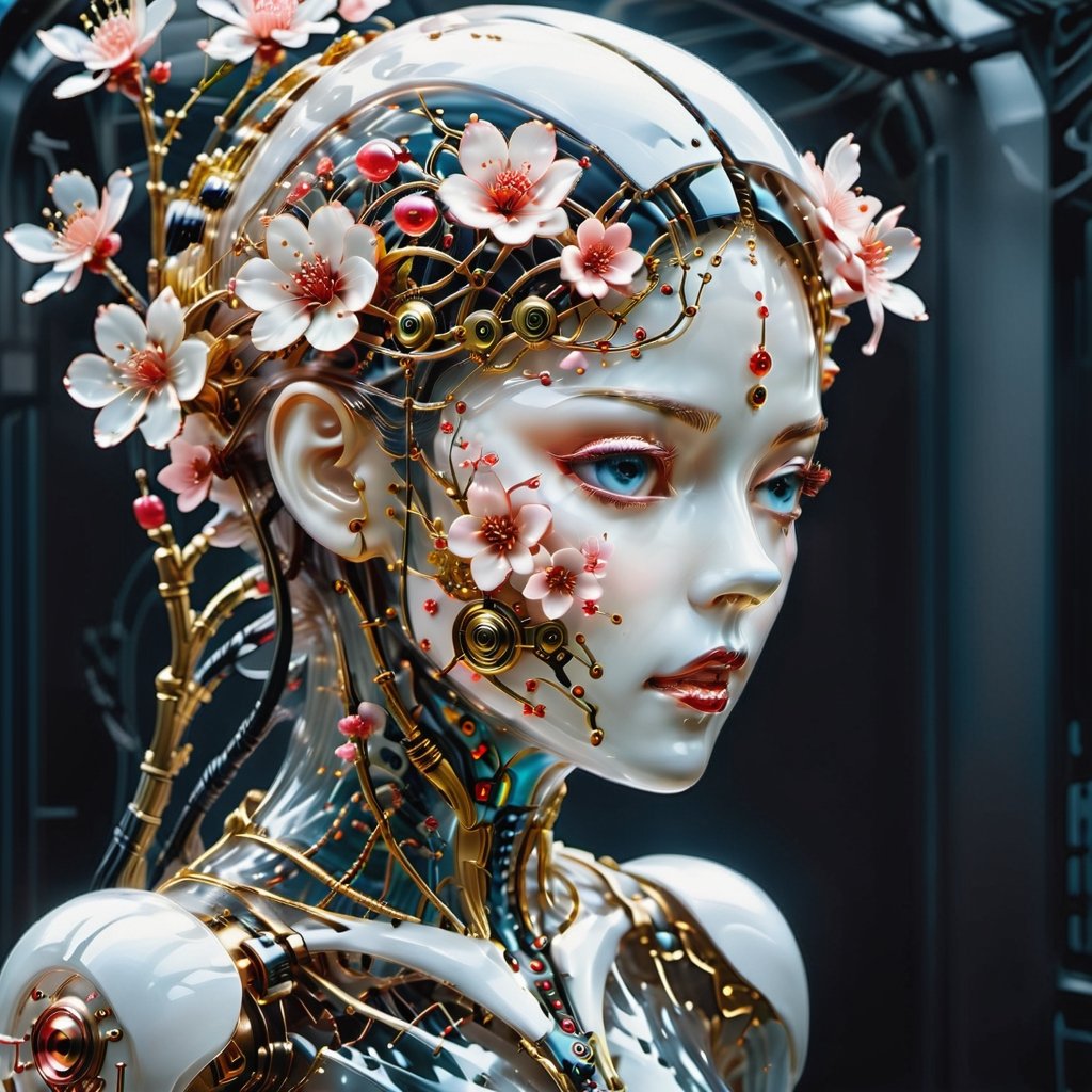 a translucent Glass blown woman filled with detailed cherry blossom wiring inisde the robot,  Glass blown robot also fille...
