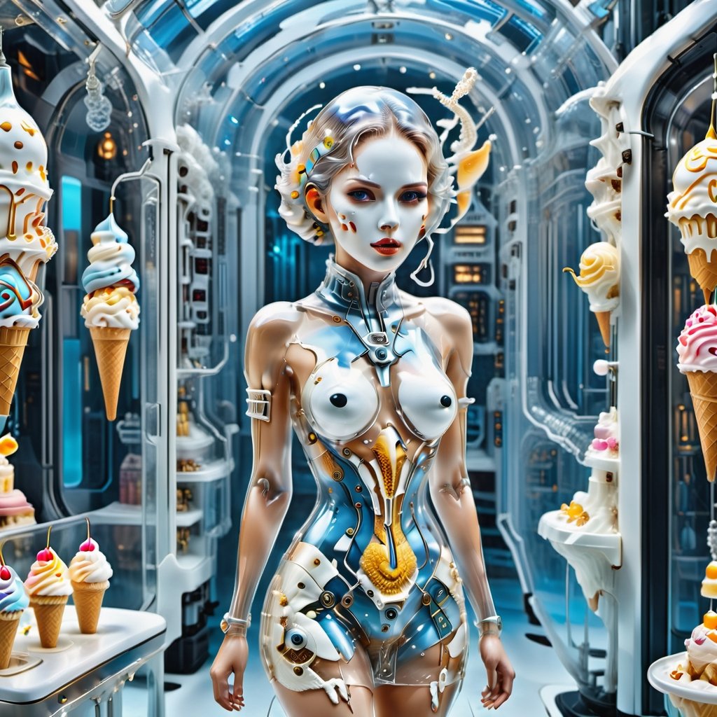 ((wearing a detailed Transparent glass flareminidress filled with detailed ice cream inside,  Clear glass woman head fille...