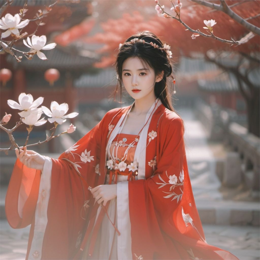 arien_hanfu,in the style of simple style,8K,raw photoshop,from above,1girl,red dress,flowers, The branches of many trees <lora:sdxl_red_dress_01-000006:0.6>