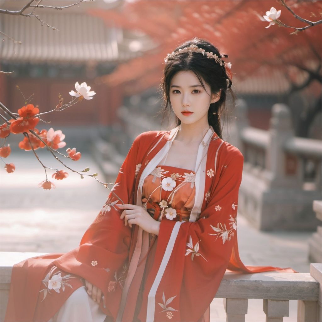 arien_hanfu,in the style of simple style,8K,raw photoshop,from above,1girl,red dress,flowers, The branches of many trees <lora:sdxl_red_dress_01-000006:0.6>