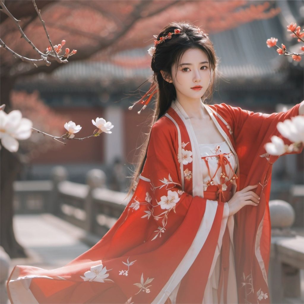 arien_hanfu,in the style of simple style,8K,raw photoshop,from above,1girl,red dress,flowers, The branches of many trees <lora:sdxl_red_dress_01-000006:0.6>