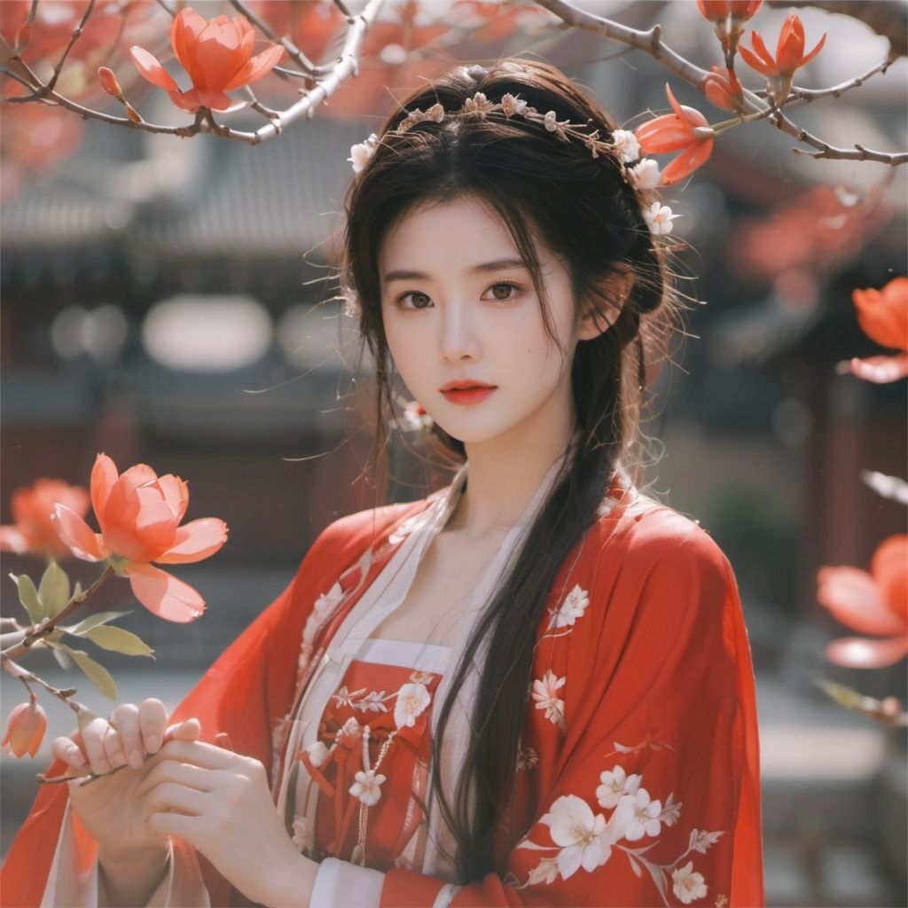 arien_hanfu,in the style of simple style,8K,raw photoshop,from above,1girl,red dress,flowers, The branches of many trees <lora:sdxl_red_dress_01-000006:0.6>