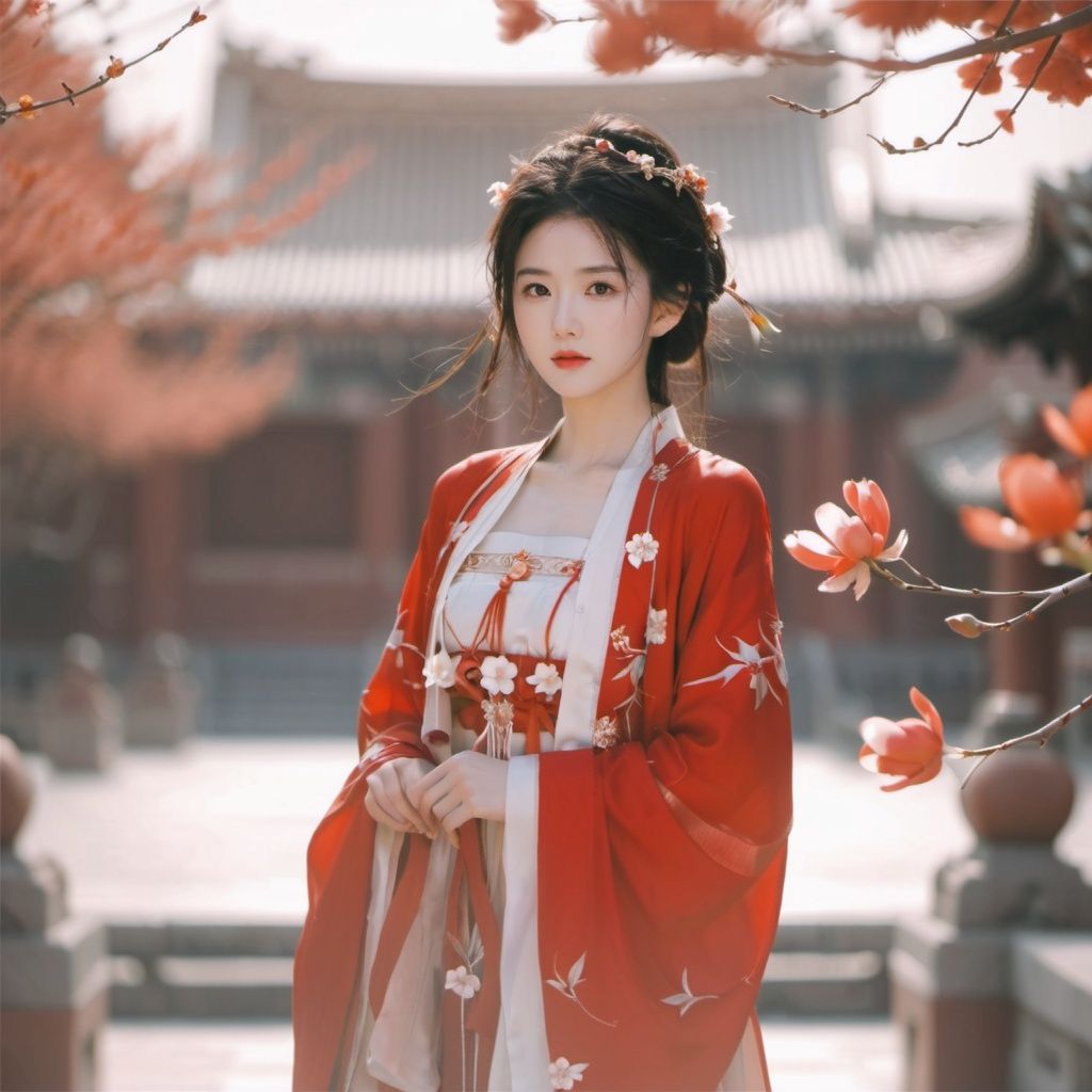 arien_hanfu,in the style of simple style,8K,raw photoshop,1girl,red dress,flowers, The branches of many trees <lora:sdxl_red_dress_01-000006:0.6>