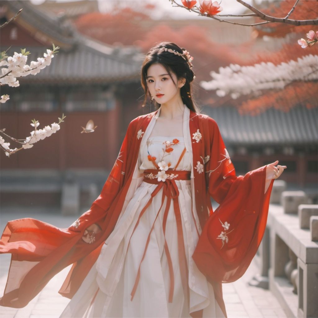 arien_hanfu,in the style of simple style,8K,raw photoshop,from above,1girl,red dress,flowers, The branches of many trees <lora:sdxl_red_dress_01-000006:0.6>