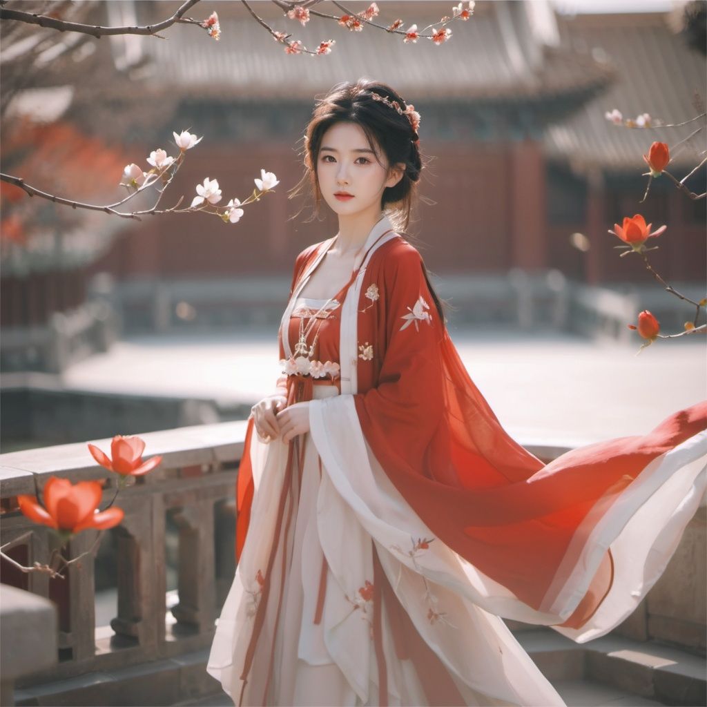 arien_hanfu,in the style of simple style,8K,raw photoshop,from above,1girl,red dress,flowers, The branches of many trees <lora:sdxl_red_dress_01-000006:0.6>