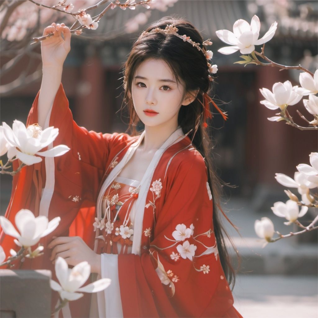 arien_hanfu,in the style of simple style,8K,raw photoshop,from above,1girl,red dress,flowers, The branches of many trees <lora:sdxl_red_dress_01-000006:0.6>