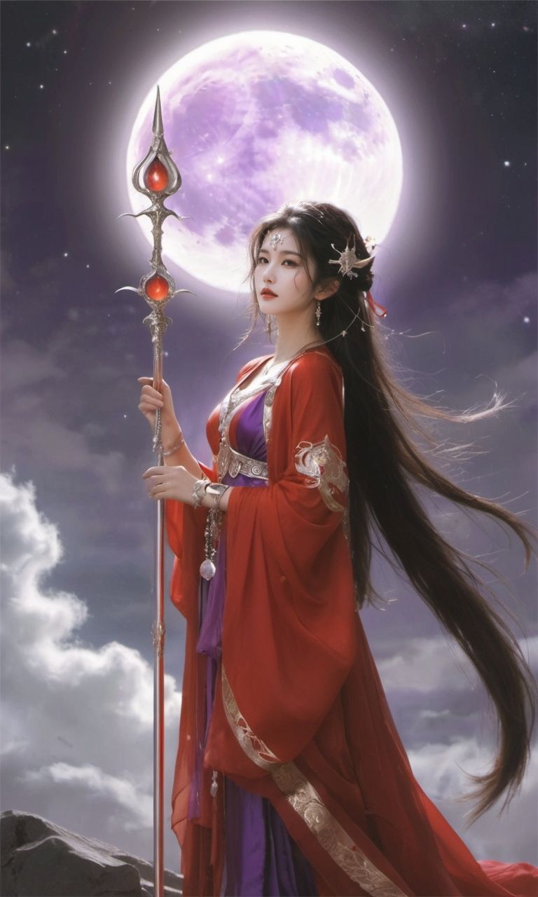 from below,1girl,Goddess in the moon,realistic,red dress,armor,a long glowing Staff,jewelry,hair ornament, silver and purple,Lunar God, <lora:sdxl_red_dress_01-000006:0.5>