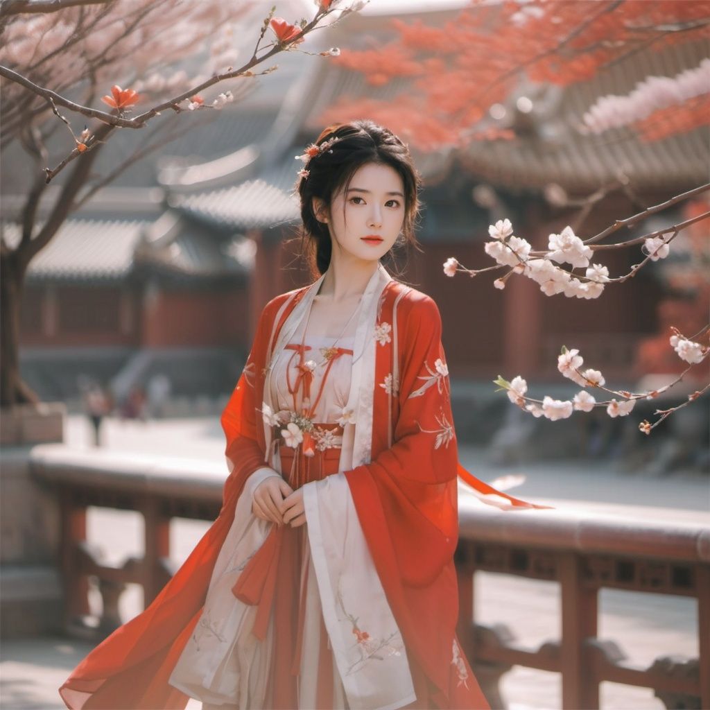 arien_hanfu,in the style of simple style,8K,raw photoshop,from above,1girl,red dress,flowers, The branches of many trees <lora:sdxl_red_dress_01-000006:0.6>