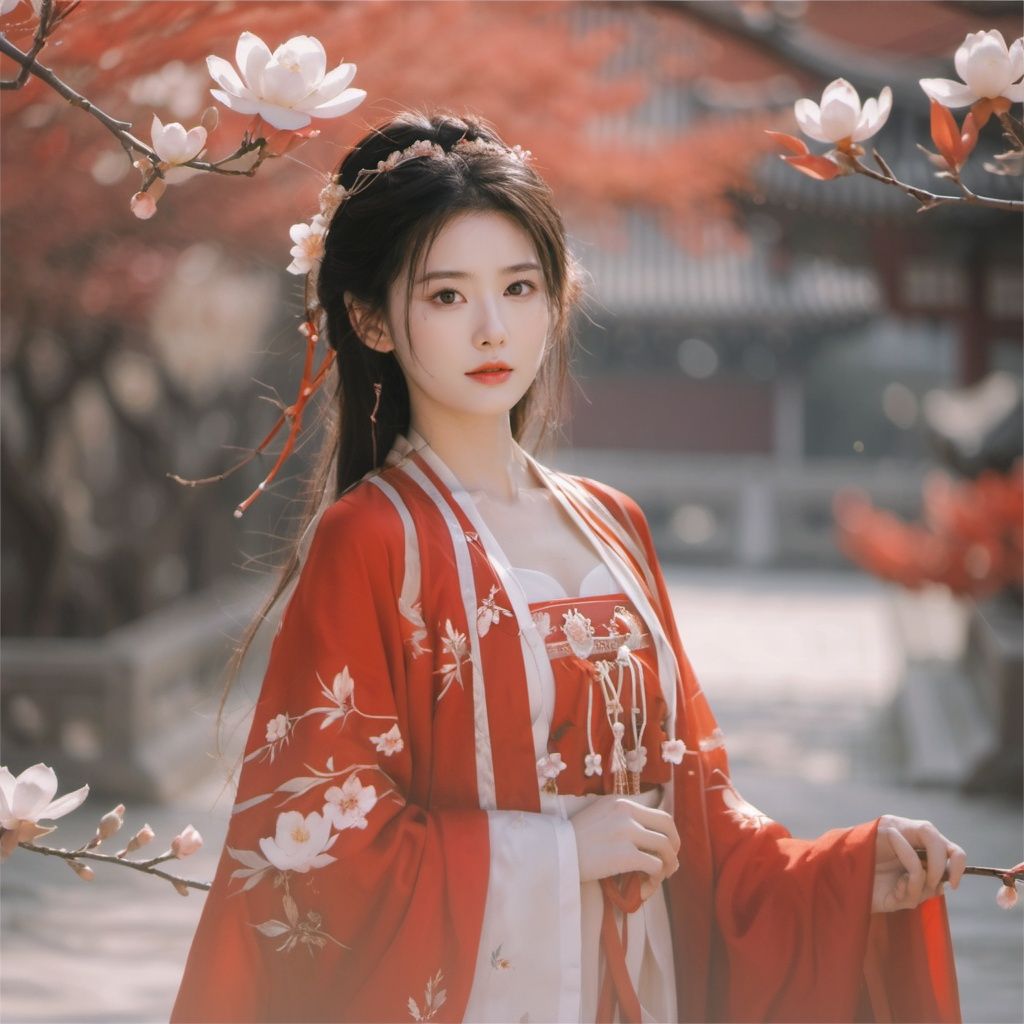 arien_hanfu,in the style of simple style,8K,raw photoshop,from above,1girl,red dress,flowers, The branches of many trees <lora:sdxl_red_dress_01-000006:0.6>