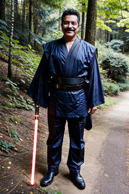 smiling latino man dressed in sthoutfit,  in a forest,  holding lightsaber on Tensor.Art