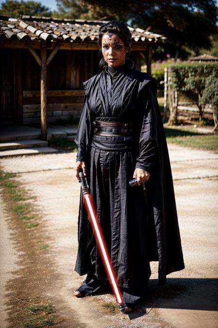 woman in sthoutfit,  holding lightsaber,  village on Tensor.Art